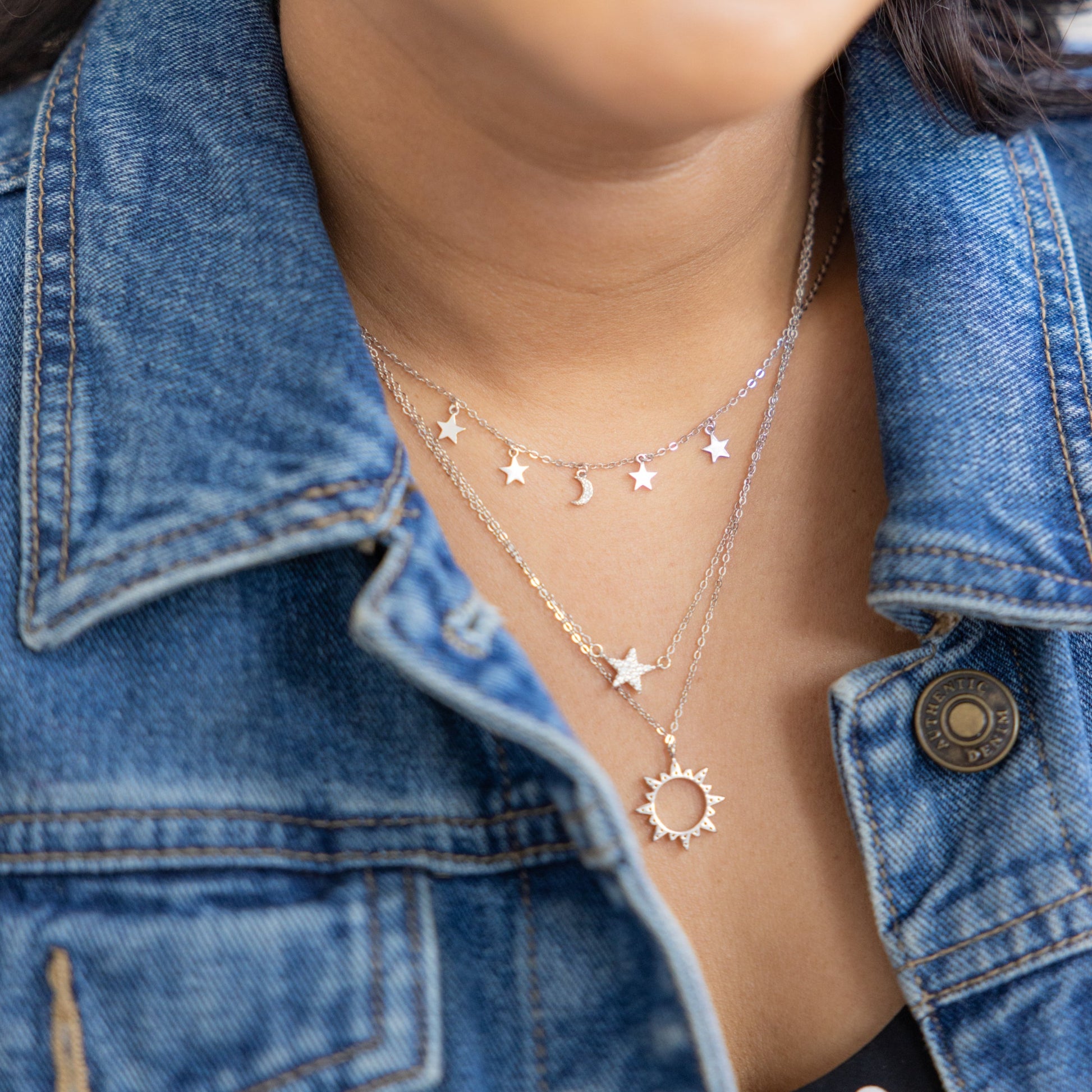 moon and stars delicate charm necklace